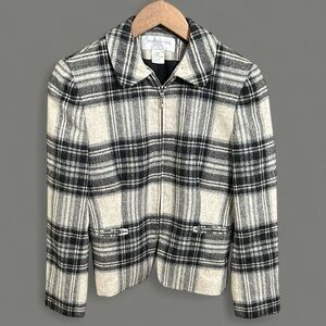 Jones New York Petite 100% Wool Zip Up Plaid Jacket Women's 4P Black Gray Cream